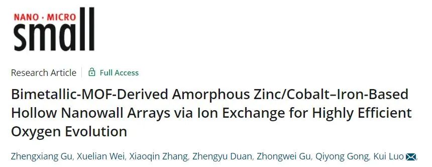 川大罗奎Small: 简便且节能，离子交换法制备A-Zn/Co-Fe HNA用于高效电催化OER
