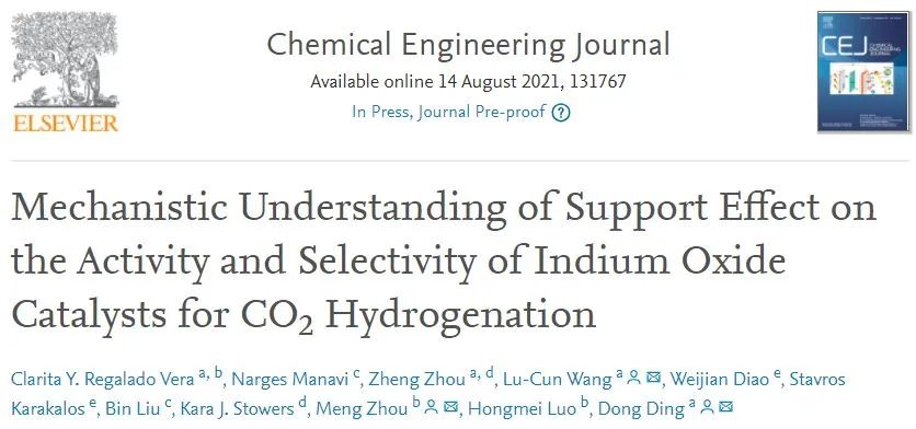 Chem. Eng. J.: 负载效应增强In2O3催化剂用于CO2加氢制甲醇的活性和选择性