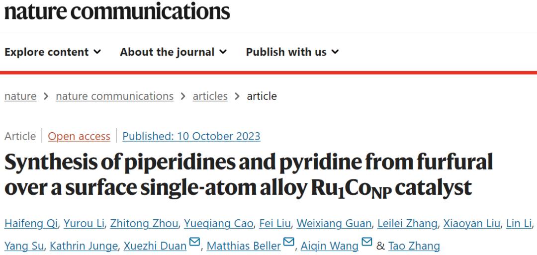 Nature子刊：Ru1CoNP/HAP SSAA催化糠醛合成哌啶和吡啶