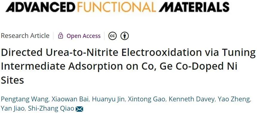 ​乔世璋AFM：通过调节Co、Ge共掺杂Ni位点上的中间体吸附实现尿素到亚硝酸盐的定向电氧化