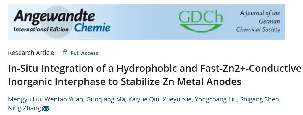 张宁教授团队Angew.：疏水性和快速Zn2+导电无机中间相的原位整合稳定锌金属负极