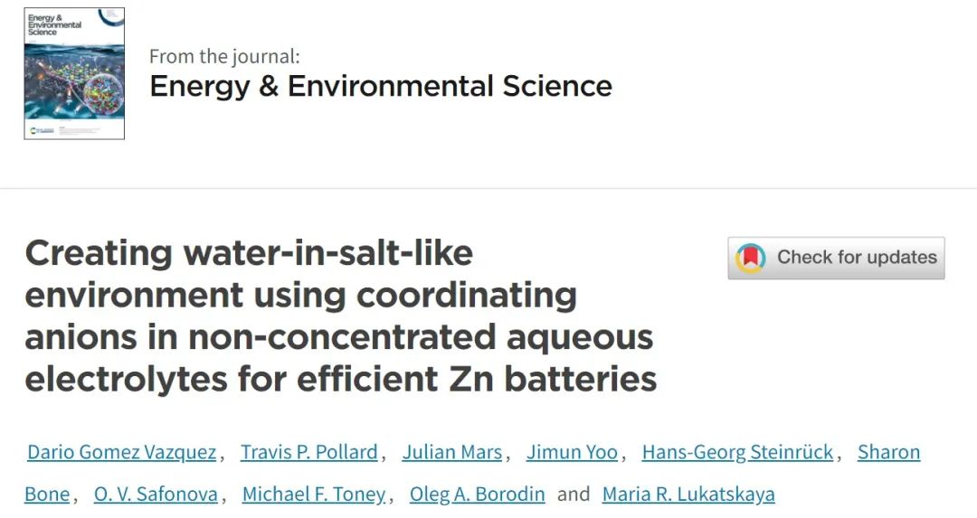 ​EES：盐包水电解液并不一定有助于提高锌负极效率