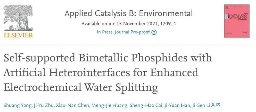 李继森Appl. Catal. B.: 首次报道！自支撑双金属磷化物的异质界面增强电化学水分解