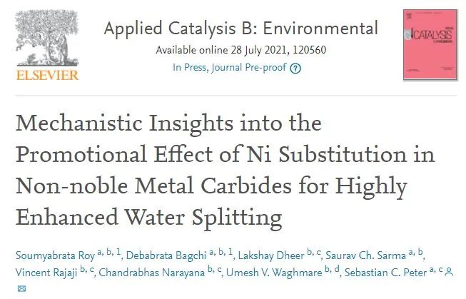 Appl. Catal. B.: 非贵金属碳化物中Ni取代对水分解的促进机制