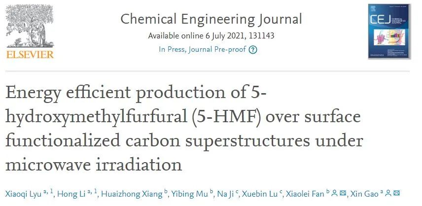 Chemical Engineering Journal：微波辐射下在表面功能化碳超结构上高效生产5-羟甲基糠醛