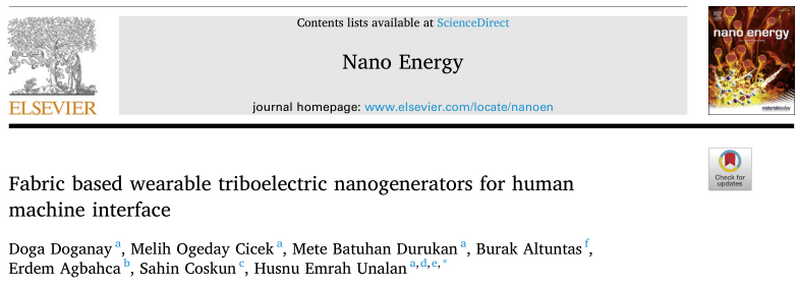 中东技术大学Nano Energy：基于织物的人机界面可穿戴摩擦电纳米发电机