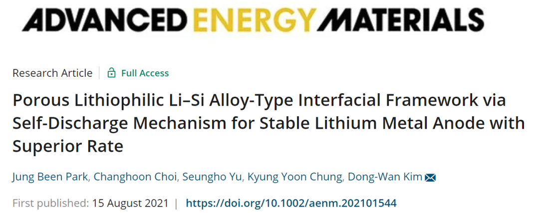高丽大学AEM: 多孔亲锂Li-Si合金型界面骨架通过自放电机制实现稳定的锂金属负极