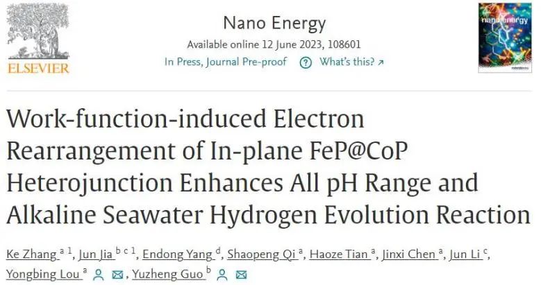 郭宇铮/娄永兵Nano Energy：功函数诱导面内异质结电子重排，增强全pH范围水和碱性海水HER
