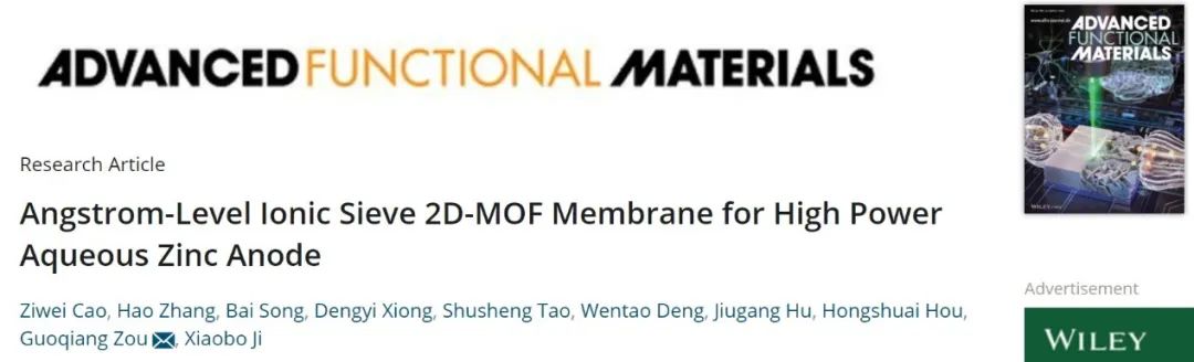 ​邹国强AFM：埃级离子筛2D-MOF膜提升锌负极10倍寿命！