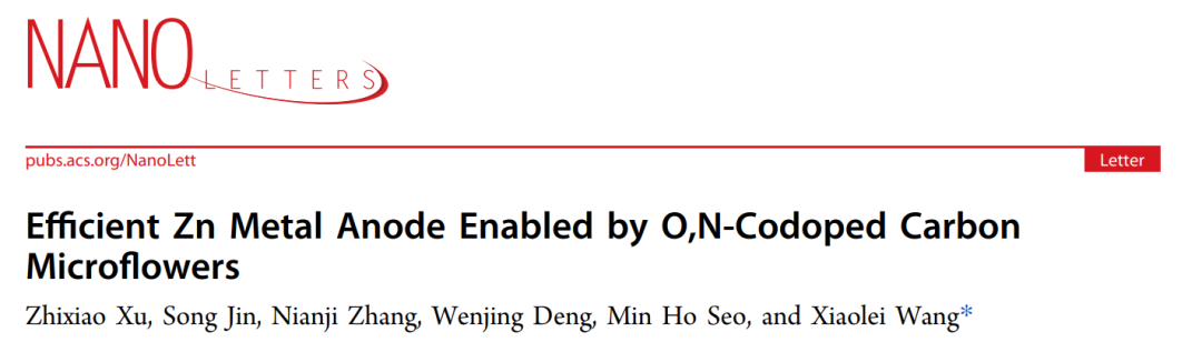 阿尔伯塔大学王晓磊Nano Lett.: O/N共掺杂碳微花实现高效锌金属负极