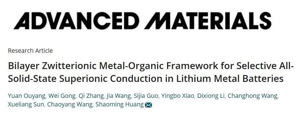 黄少铭教授AM：锂金属电池中选择性全固态超离子传导双层两性离子金属有机框架