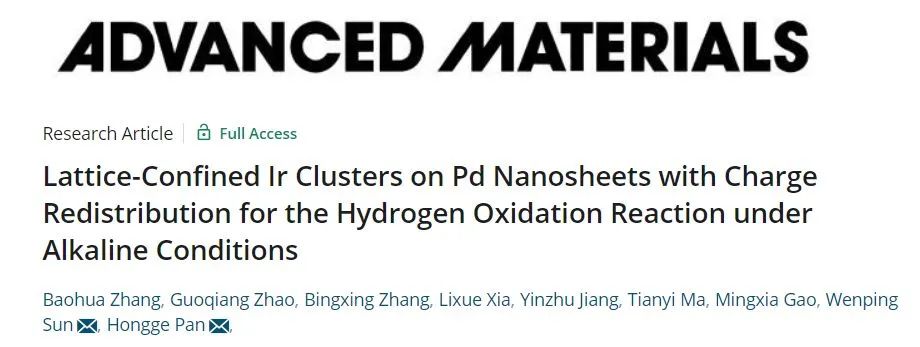 浙大潘洪革/孙文平AM: 具有电荷重新分布的Pd纳米片上晶格限制的Ir簇用于碱性条件下氢氧化反应