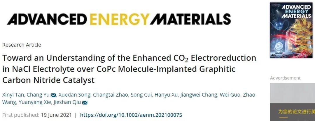 Adv. Energy Mater.：CoPc分子注入石墨氮化碳催化剂助力电还原CO2