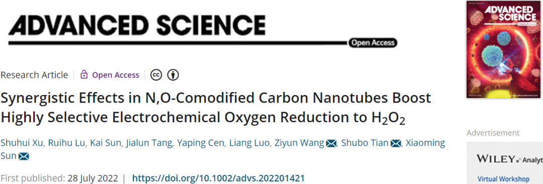 ​北化工/奥克兰大学Adv. Sci.：N, O-CNTs协同促进高选择性电化学ORR生成H2O2