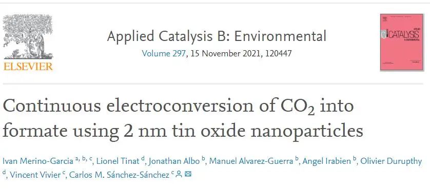 ​Appl. Catal. B.：使用2 nm氧化锡纳米粒子将CO2连续电化学还原为甲酸盐
