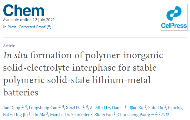 王春生Chem：原位形成聚合物-无机固体电解质界面实现稳定聚合物固态锂金属电池