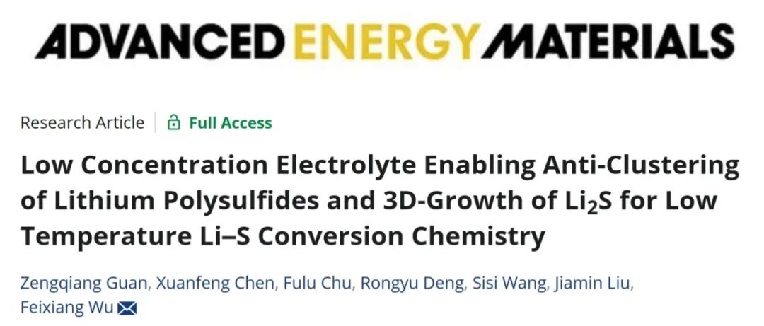 中南大学吴飞翔教授AEM：低浓度电解质助力低温Li–S转化化学
