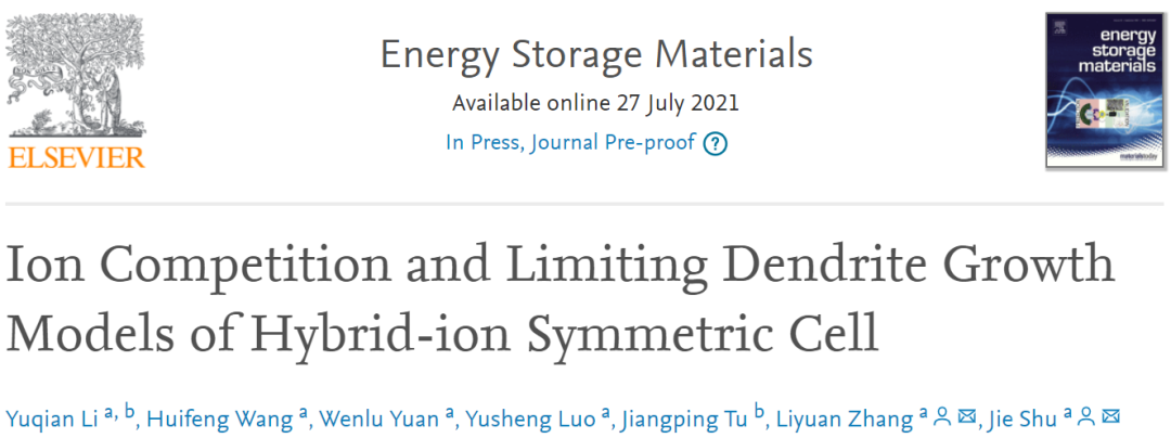 宁波大学EnSM: 混合离子对称电池的离子竞争和限制枝晶生长模型