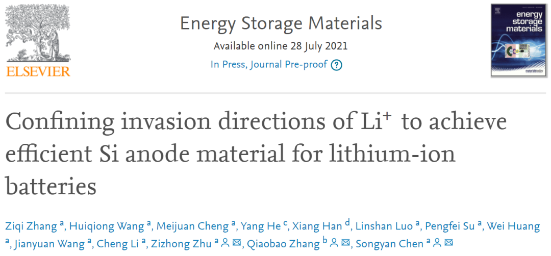 厦门大学EnSM: 限制Li+的侵入方向，让锂离子电池硅负极材料更高效