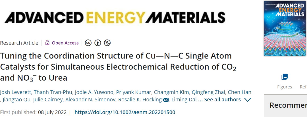 AEM：首次报道！Cu-N-C单原子催化剂将CO2和NO3-电化学还原为尿素