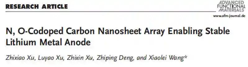 AFM：稳定锂金属负极的N，O共掺杂碳纳米片阵列