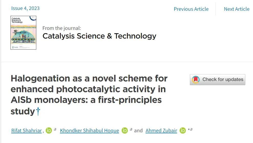【计算论文解读】Catal. Sci. Technol.：卤化物作为一种增强AlSb单分子层光催化活性的新方案！