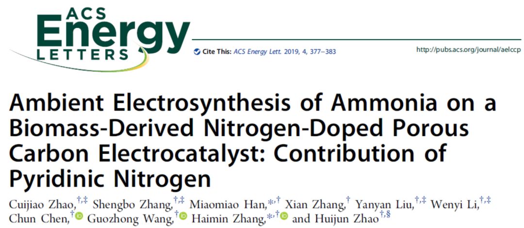 ACS Energy Lett. 生物质衍生氮掺杂多孔碳应用于电催化固氮