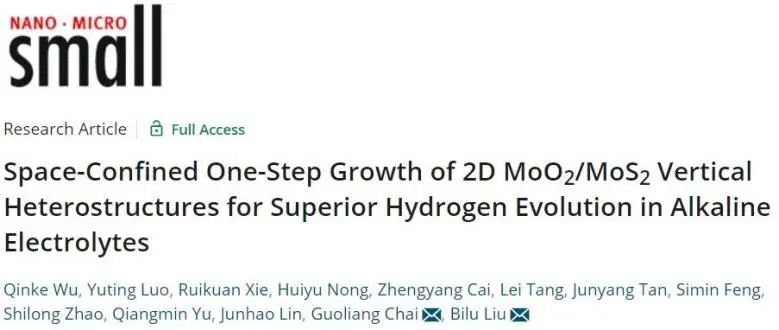刘碧录/柴国良Small: 2D MoO2/MoS2的空间受限生长，用于碱性电解质中高效析氢