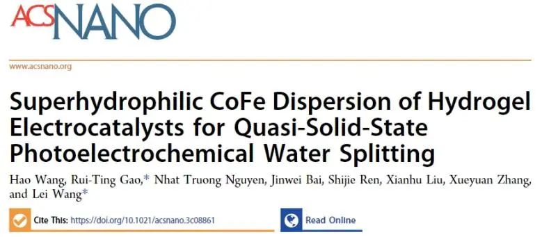 王蕾/高瑞廷ACS Nano：构建超亲水性CoFe分散水凝胶，提升PEC水分解活性和稳定性