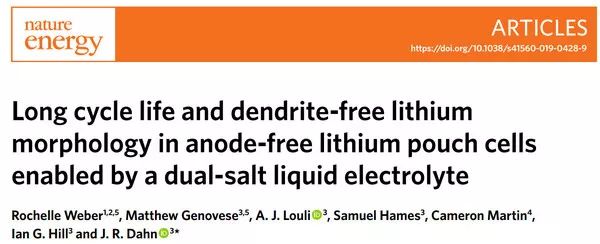 Jeff Dahn教授Nature Energy：双盐液体电解质制备长寿命，无枝晶锂离子电池