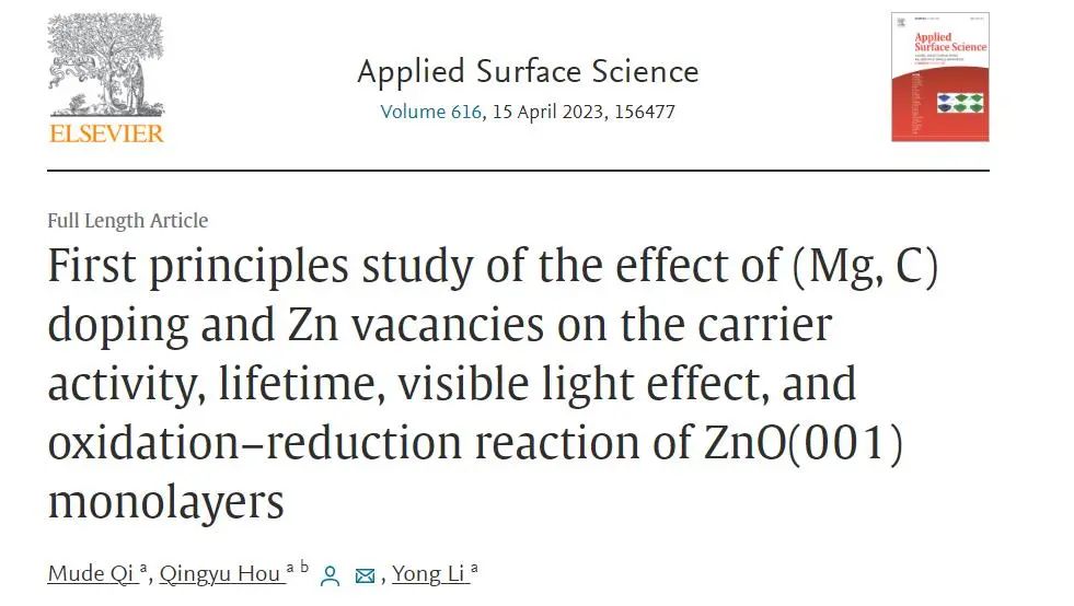 【MS论文精读】Appl. Surf. Sci.：Mg、C掺杂和锌空位对氧化锌（001）单分子层的影响