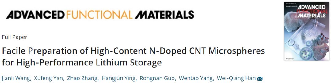 浙大韩伟强教授AFM:  高含量N掺杂CNT微球助力高性能锂存储