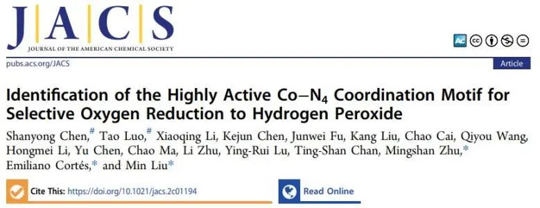 JACS: 计算+实验：筛选高活性Co-N4配位基序用于选择性电合成H2O2