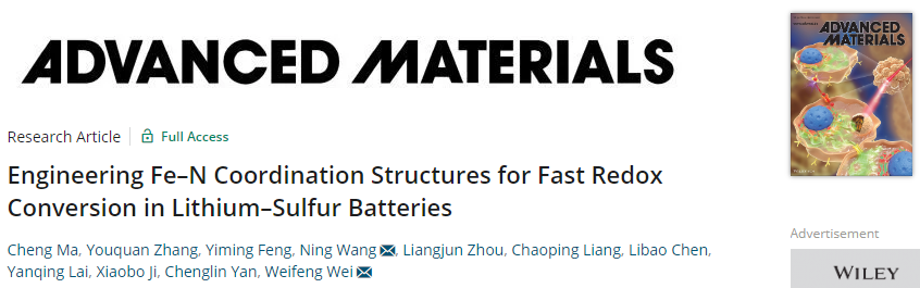Adv. Mater.：Fe-N配位结构助力锂硫电池快速氧化还原转化