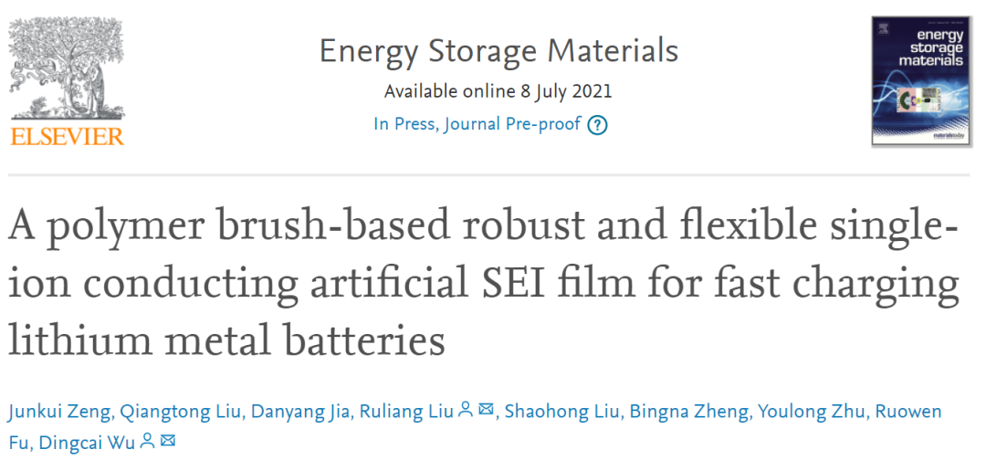 中山大学EnSM: 一种用于快充锂金属电池的基于聚合物刷的单离子导电人工SEI膜