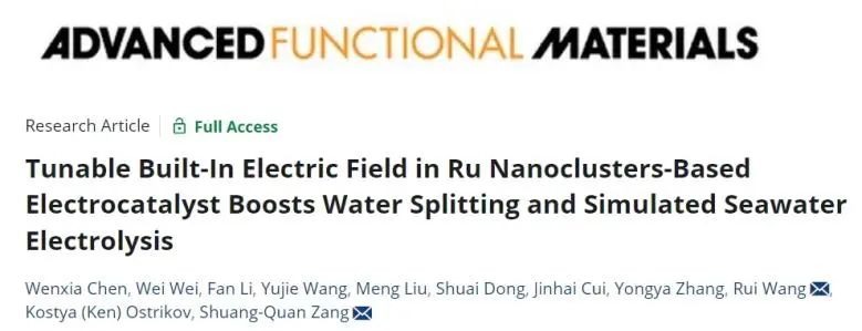 臧双全/王锐AFM：可调内置电场起大作用，促进Ru纳米团簇基催化剂水/模拟海水电解