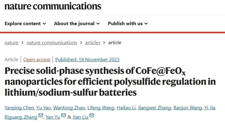 ​三单位联合Nature子刊：精确合成CoFe@FeOx纳米颗粒调节多硫化物