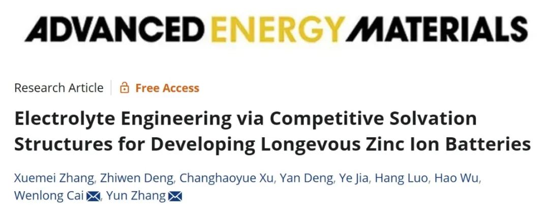 川大张云/蔡文龙AEM：竞争性溶剂化结构实现长寿命锌离子电池