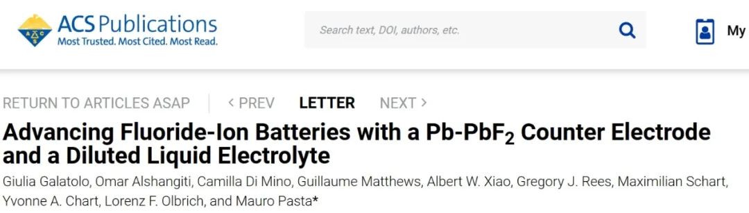 ​牛津ACS Energy Letters：Pb-PbF2 对电极和稀释液体电解质改进氟离子电池