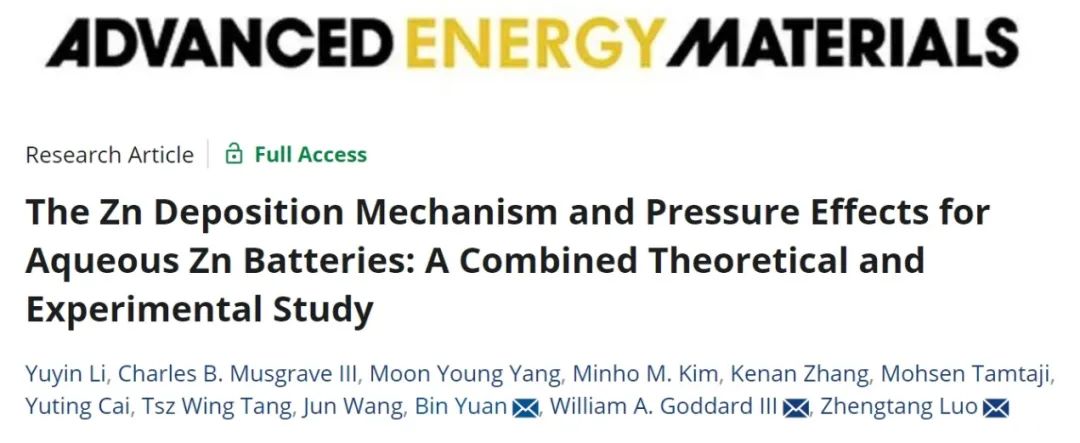 ​华理/港科大AEM：水系锌电池的锌沉积机理和压力效应：理论与实验相结合的研究