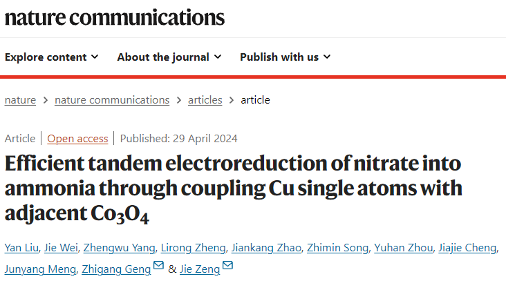 中科大曾杰/耿志刚Nature子刊：Cu单原子与Co3O4耦合高效串联电催化还原硝酸盐为氨！